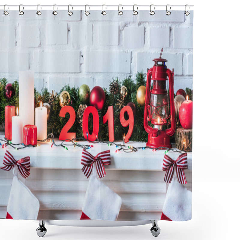 Personality  2019 Year Sign With Christmas Wreath, Candles And Socks  Shower Curtains