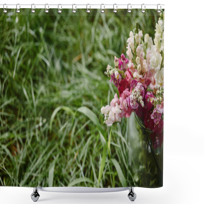 Personality  Bouquet Of Pink And White Flowers In Glass Jar On Green Grass Shower Curtains