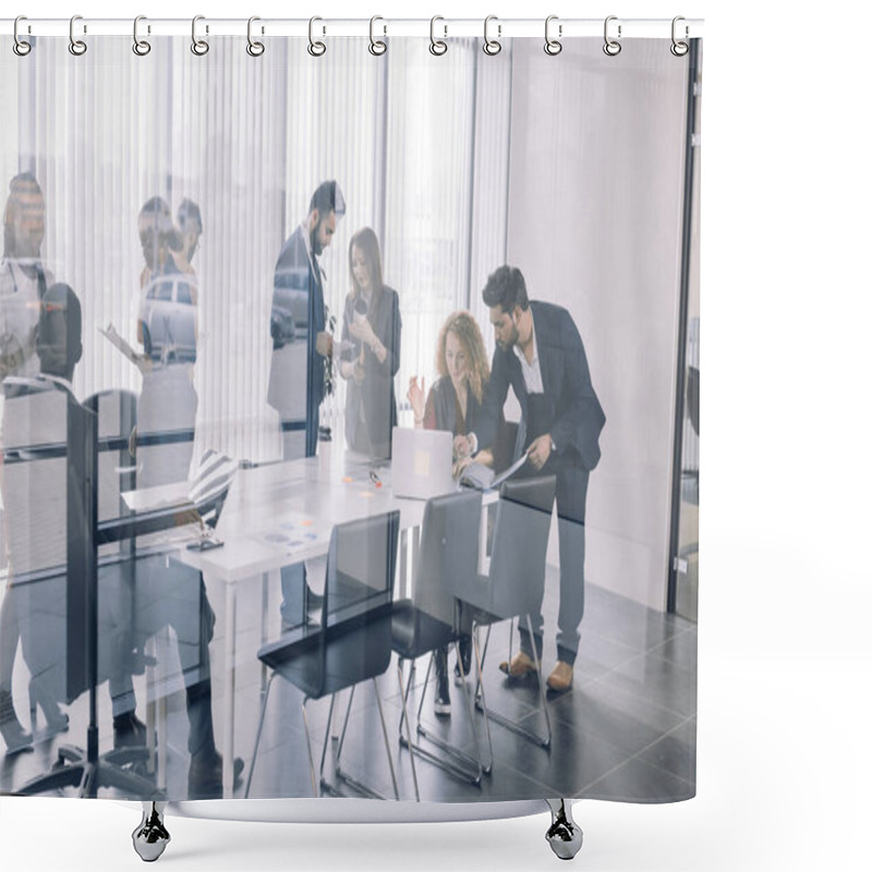 Personality  Diverse Smiling Businesspeople Having Conversation Standing Together At Meeting. Shower Curtains