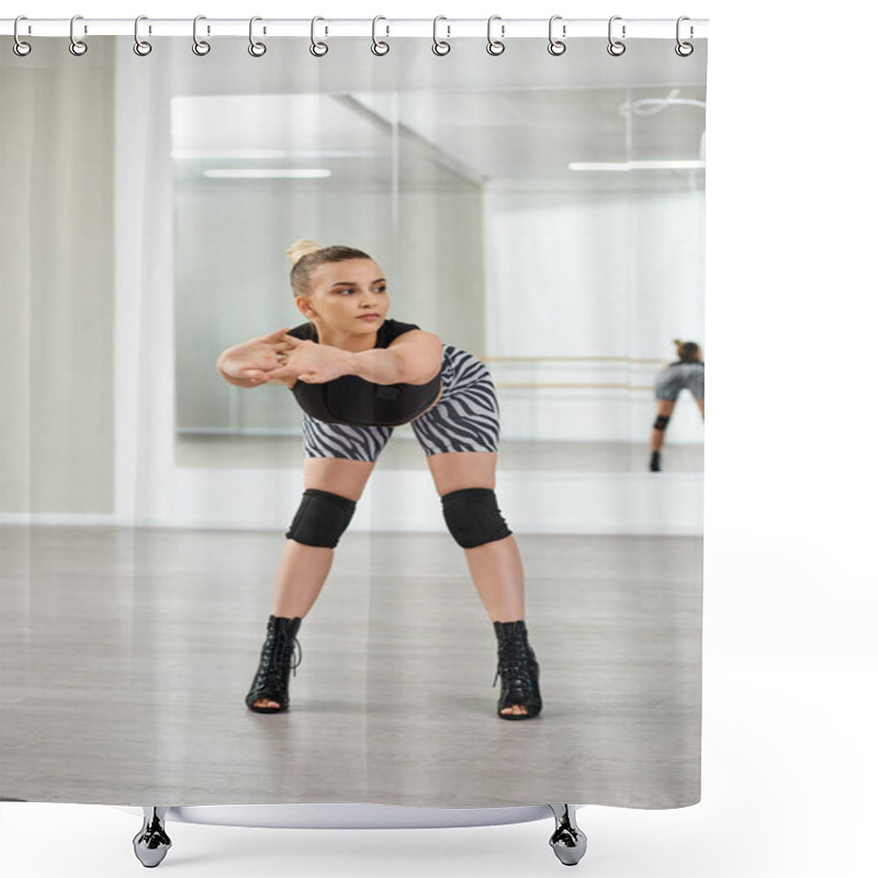 Personality  Woman In Zebra Shorts And High Heels Balancing Against The Wall With Mirror, Dance Choreography Shower Curtains