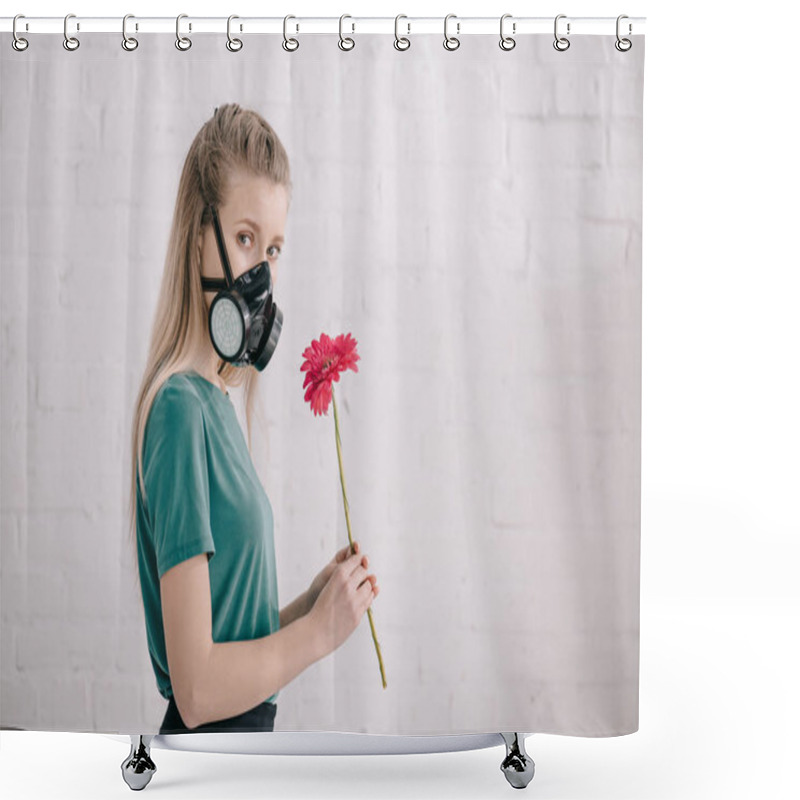 Personality  Blonde Girl With Pollen Allergy Wearing Respiratory Mask And Holding Pink Gerbera Flower Near Brick Wall Shower Curtains