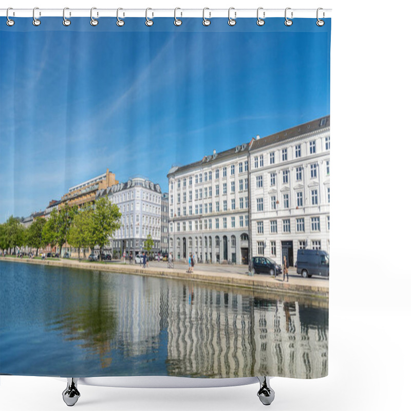 Personality  COPENHAGEN, DENMARK - MAY 5, 2018: Scenic View Of City River, Buildings And Clear Blue Sky, Copenhagen, Denmark Shower Curtains