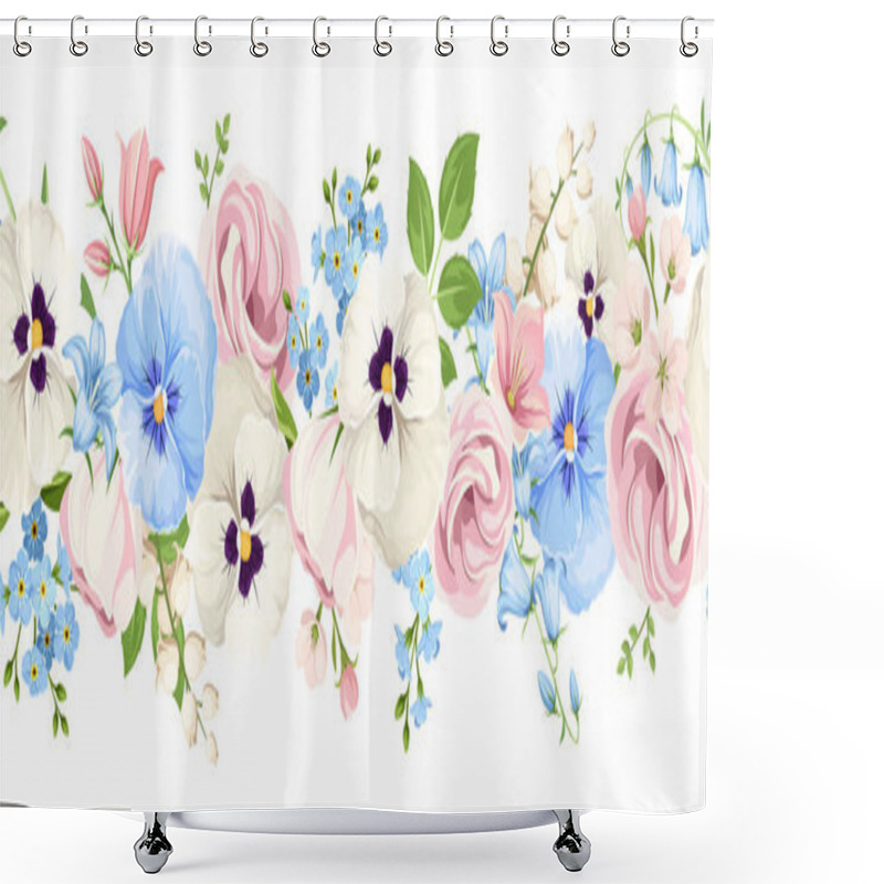 Personality  Horizontal Seamless Border With Pink, White, And Blue Lisianthus Flowers, Pansy Flowers, Bluebells, And Forget-me-not Flowers. Vector Floral Garland Shower Curtains