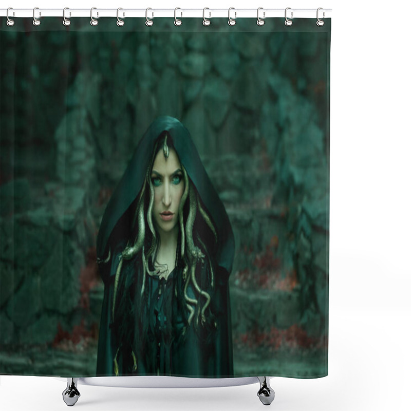 Personality  Image Of Gorgon Medusa, Braid Hair And Gold Snakes, Close-up Portrait. Gothic Make-up In Green Shades. Background Of Wild Stones. Long Black Claws And A Predatory Look Shower Curtains