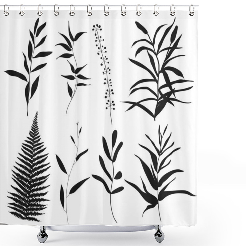 Personality  Set Silhouettes Botanic Elements. Branches With Leaves, Herbs, Wild Plants, Trees Shower Curtains