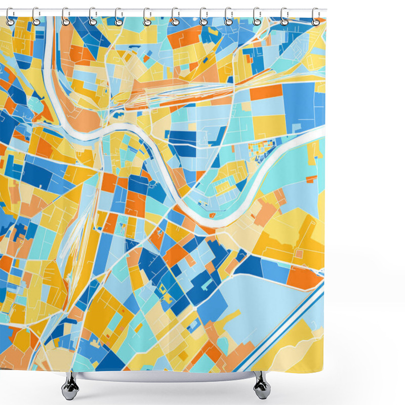 Personality  Color Art Map Of  Villach, Carinthia, Austria Iin Blues And Oranges. The Color Gradations In Villach   Map Follow A Random Pattern. Shower Curtains