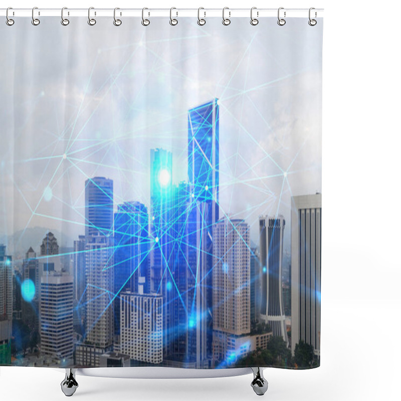 Personality  Abstract Technology Icons Hologram Over Panorama City View Of Kuala Lumpur, Malaysia, Asia. The Concept Of People Networking And Connections. Double Exposure. Shower Curtains