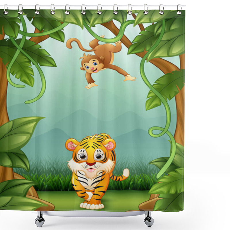 Personality  Vector Illustration Of The Tiger And Monkey Happy An Activity In Jungle Shower Curtains