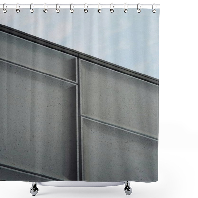 Personality  Close-up Of Modern Gray Concrete Wall With Geometric Patterns And Clear Blue Sky. Shower Curtains