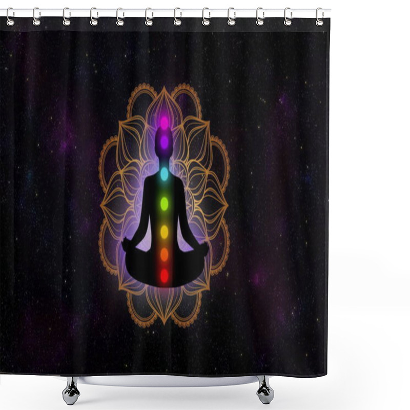 Personality  Abstract Meditation Man With Seven Chakras And Luxury Mandala In The Galaxy Illustration Design Background. Shower Curtains