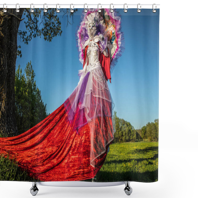 Personality  Fairy Tale Woman On Stilts In Bright Fantasy Stylization. Fine Art Outdoor Photo.  Shower Curtains