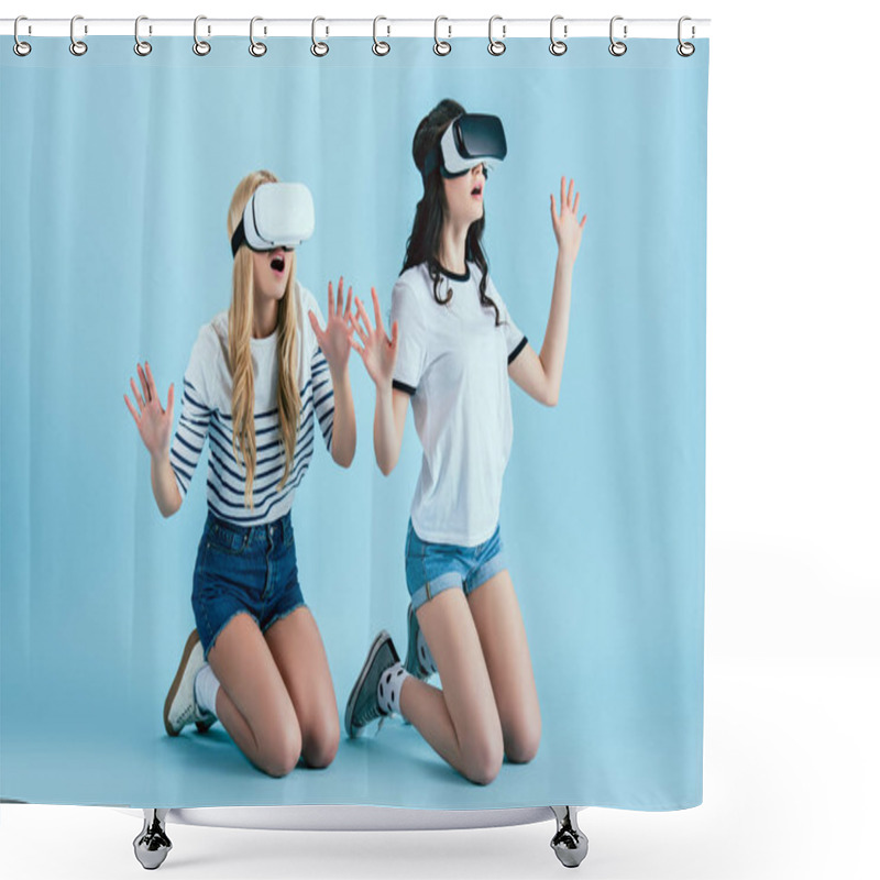 Personality  Studio Shot Of Amazed Girl In VR Headset Standing On Knees On Blue Background Shower Curtains