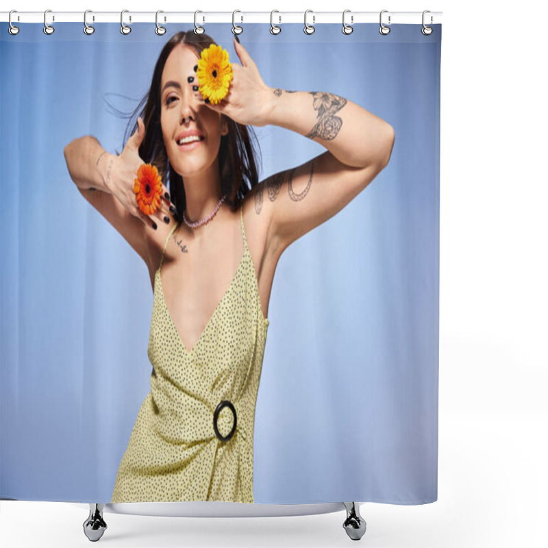 Personality  A Young Woman With Brunette Hair Elegantly Wears A Vibrant Flower In Her Hair, Adding A Touch Of Nature To Her Look. Shower Curtains