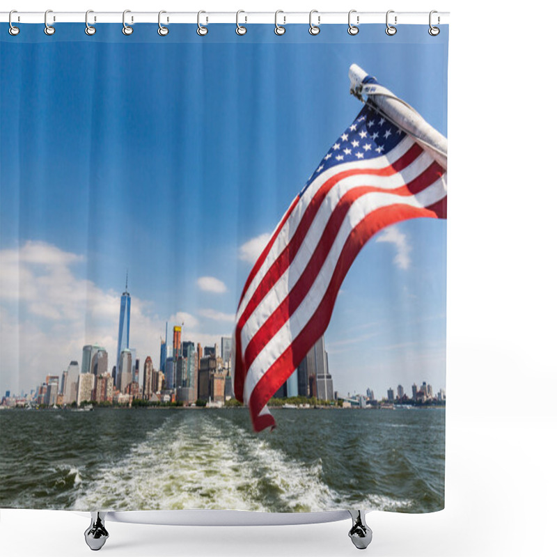 Personality  View To Downtown Manhattan And The USA Flag From Liberty Island Shower Curtains