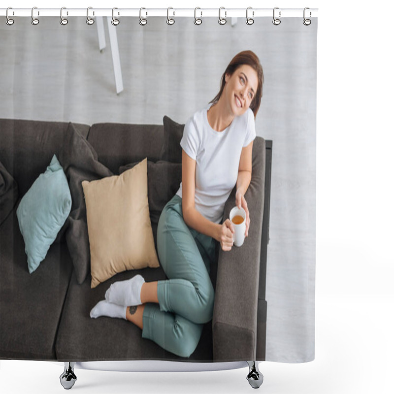 Personality  Overhead View Of Dreamy Girl Chilling Of Sofa With Cup Of Tea  Shower Curtains