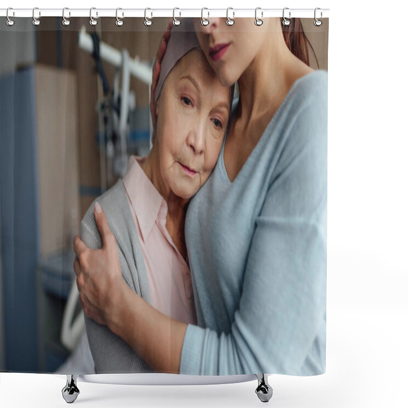 Personality  Selective Focus Of Daughter Hugging Sick Senior Mother With Cancer In Hospital Shower Curtains