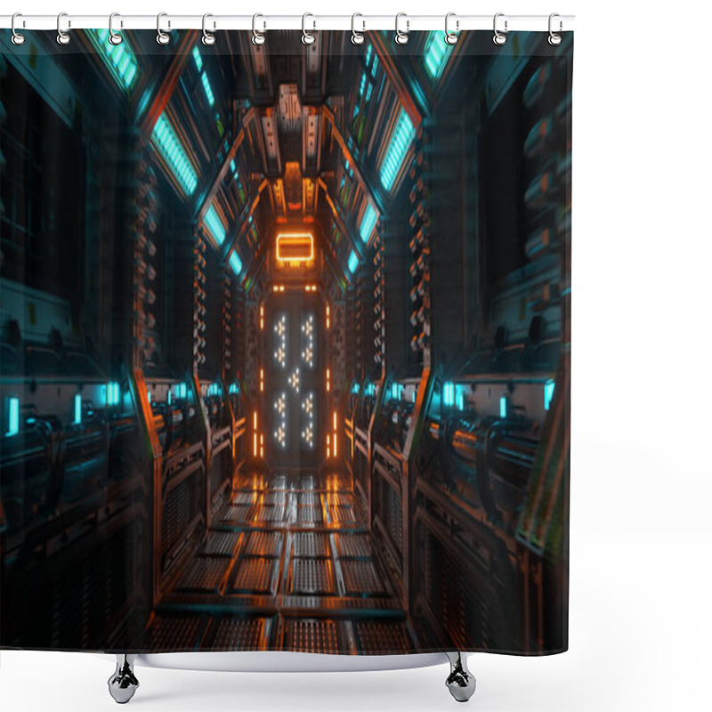 Personality  Flying In A Spaceship Tunnel, A Sci-fi Shuttle Corridor. Futuristic Abstract Technology. Technology And Future Concept. Flashing Light. 3d Illustration Shower Curtains