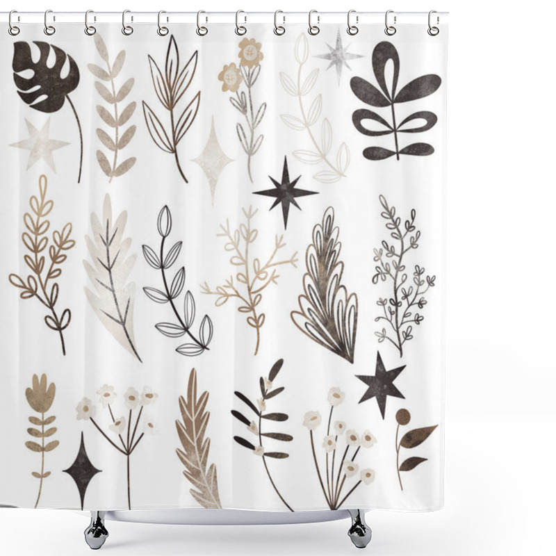 Personality  Watercolor Set Of Floral Hand Drawn Branches, Leaves And Flowers, Botanical Illustration In Flat Style, Isolated Floral Elements On White Background Shower Curtains