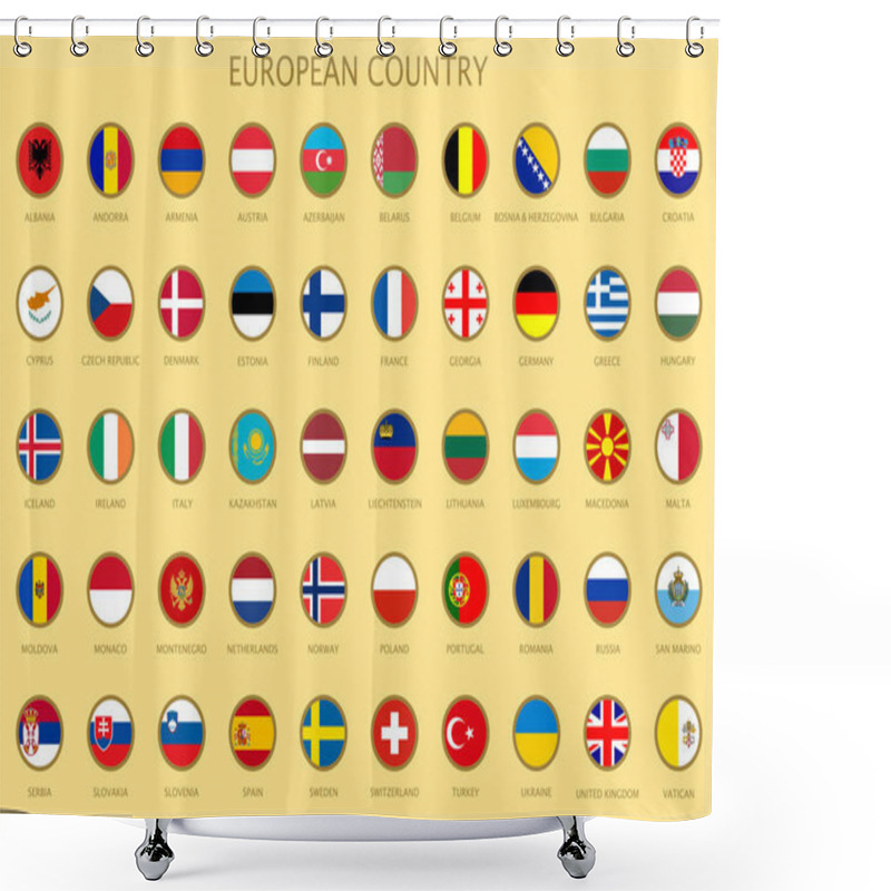 Personality  Round Buttons With All Official National Flags Of The European Countries With Official Colors In Alphabetical Order. Colorful Icons. Vector Illustration. Shower Curtains