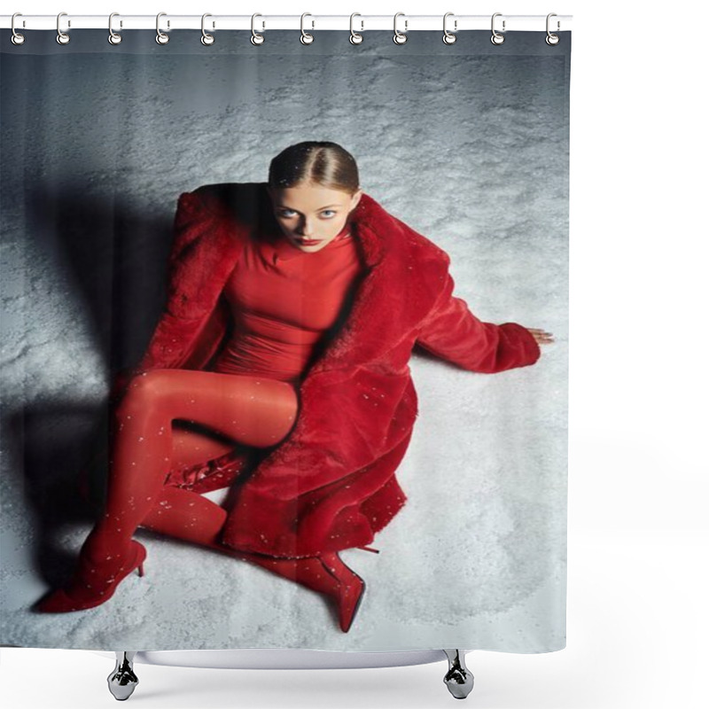 Personality  Radiating Confidence, A Young Woman Adorns A Chic Red Ensemble In A Snowy Nighttime Setting. Shower Curtains