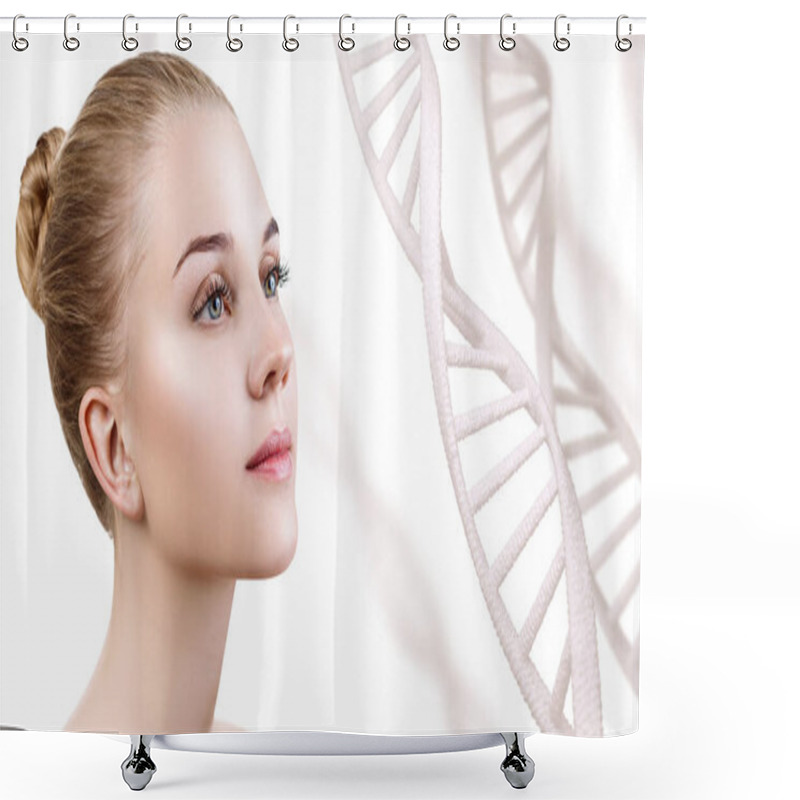 Personality  Portrait Of Sensual Woman Among DNA Chains. Shower Curtains