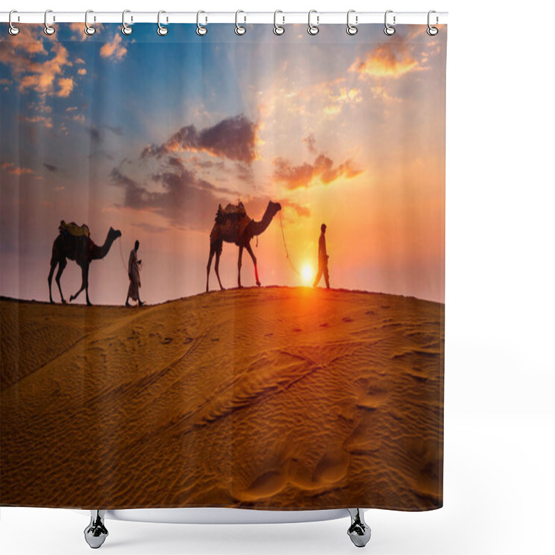 Personality  Indian Cameleers Camel Driver With Camel Silhouettes In Dunes On Sunset. Jaisalmer, Rajasthan, India Shower Curtains