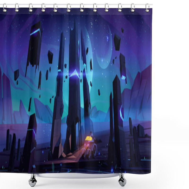 Personality  Explorer Robot On Alien Planet Surface At Night Shower Curtains