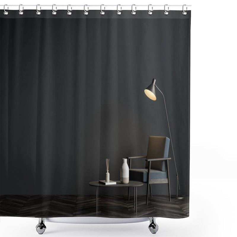 Personality  Interior Of Modern Living Room With Grey Walls, Dark Wooden Floor, Gray Armchair And Blank Mock Up Wall. 3d Rendering Shower Curtains