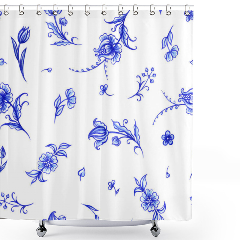 Personality  Seamless Pattern Of Blue Flowers On A White Background, An Ornament In The Dutch Style, Delft, Gzhel, Japanese Porcelain, Background For Different Designs: Dishes, Fabrics, Etc. Shower Curtains