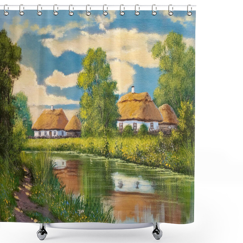 Personality  Oil Paintings Rural Landscape, Old Village, House On The River, Old House In The Countryside. Fine Art Shower Curtains