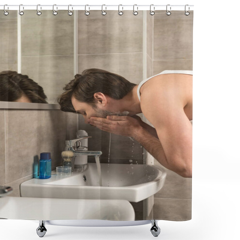 Personality  Man Washing Face Near Mirror In Morning In Bathroom Shower Curtains