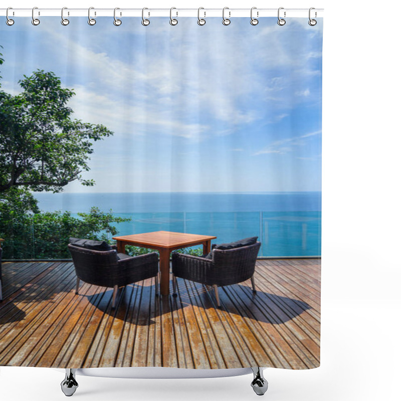 Personality  Table And Rattan Outdoor Armchair Setting On Wooden Deck And Glass Balcony With Panoramic Andaman Ocean Sea View, Green Tree And Blue Sky Background On Sunny Day, Phuket, Thailand Shower Curtains