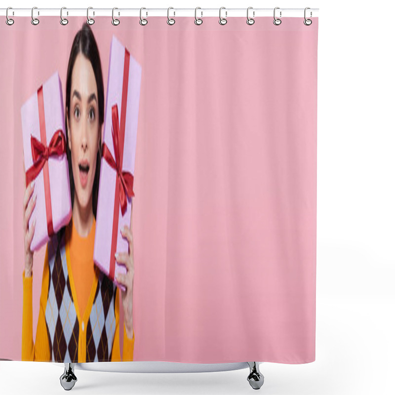 Personality  Surprised Woman In Trendy Cardigan Holding Presents And Looking At Camera Isolated On Pink, Banner Shower Curtains