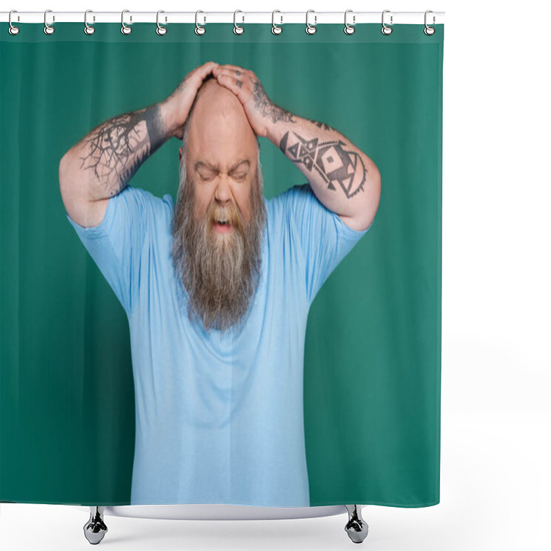 Personality  Upset Bearded Man With Overweight Touching Bald Head Isolated On Green Shower Curtains