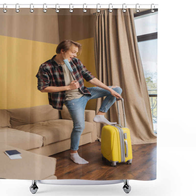 Personality  Happy Man In Medical Mask Standing Near Baggage And Passport On Sofa, End Of Quarantine Concept Shower Curtains