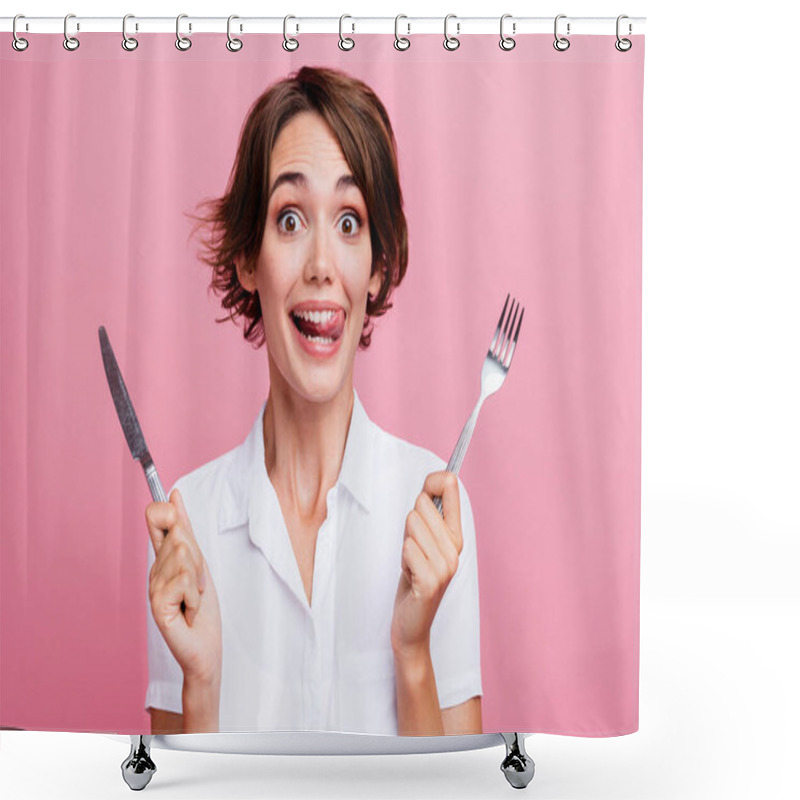 Personality  Photo Of Pretty Charming Toothy Girl Licks Her Teeth She Is Hungry Waiting Eating Using Fork And Knife Isolated On Pink Color Background. Shower Curtains