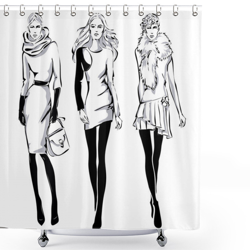 Personality  Fashion Models In Sketch Style Fall Winter Shower Curtains