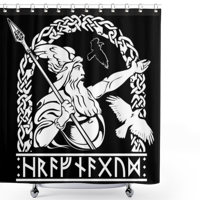 Personality  Design In Old Norse Style. Ancient Norse God Wotan And Two Ravens. Written In Runes Is Hrafnagud, The Name Of The God Odin Shower Curtains