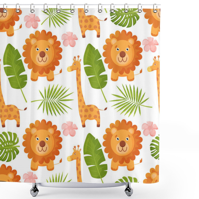 Personality  Cute Jungle Animals With Palm Leaf Seamless Pattern Background. Pattern With Giraffe And Lion. Vector Illustration Shower Curtains