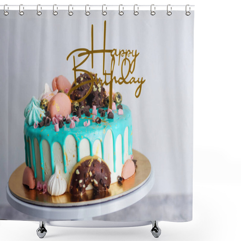 Personality  Donuts Meringue Berries And Sparkles Topping On Frosted Icing Drip Turquoise Cake For Birthday Celebration Shower Curtains