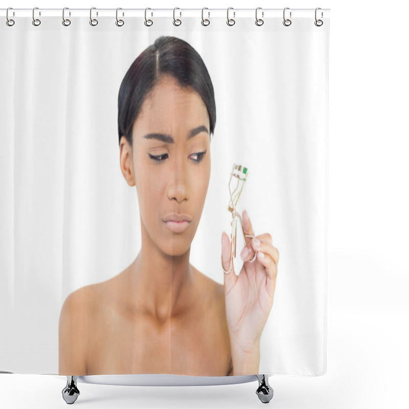 Personality  Doubtful Natural Model Holding Eyelash Curler Shower Curtains