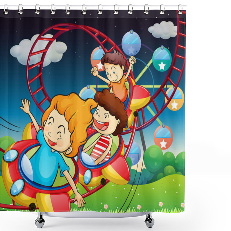 Personality  Three Kids Riding In A Roller Coaster Shower Curtains