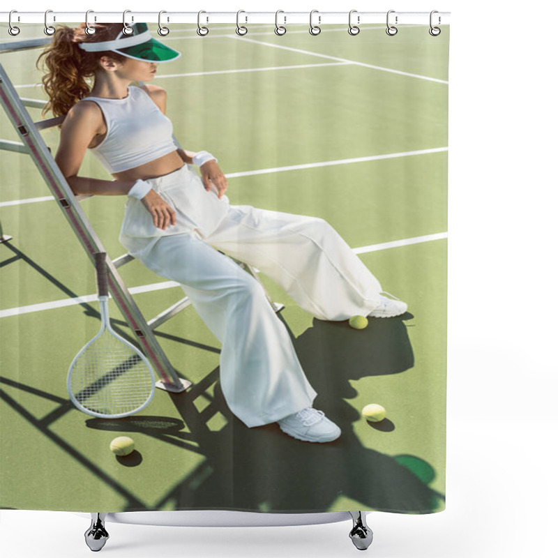 Personality  Young Woman In Stylish White Clothing And Cap Posing On Referee Chair On Tennis Court Shower Curtains