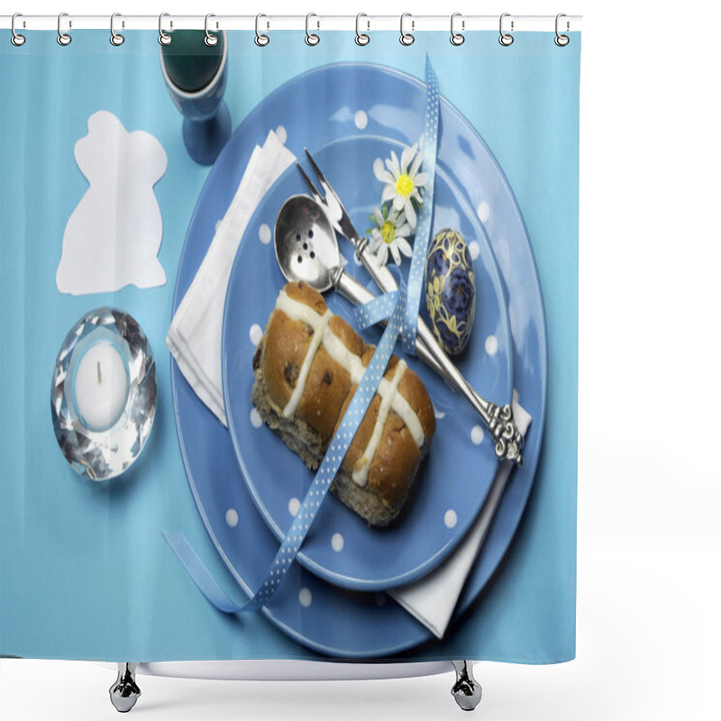 Personality  Blue Theme Happy Easter Decorative Table Setting. Shower Curtains