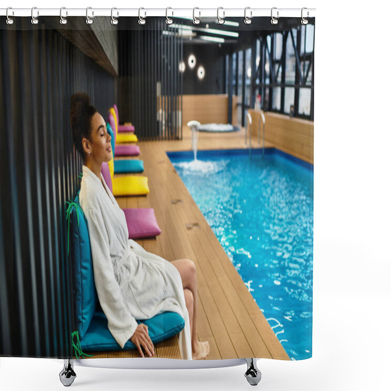 Personality  A Young African American Woman Enjoys A Moment Of Peace Beside The Tranquil Pool At The Spa. Shower Curtains