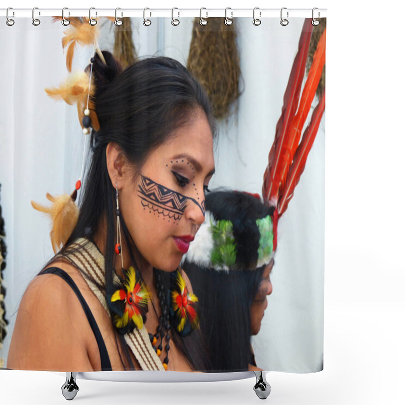 Personality  Cuenca, Ecuador - November 4, 2019: Young Woman Seller From Shuar Indigenous Community Of Pastaza Province At Craft Market In Cuenca Shower Curtains