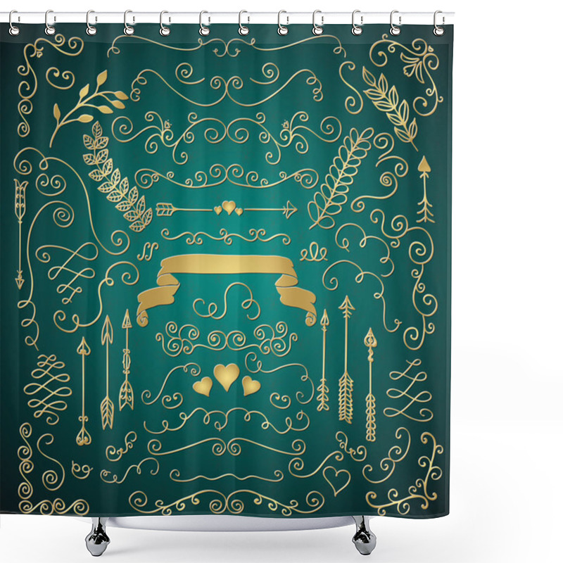 Personality  Golden Hand Sketched Rustic Floral Design Elements Shower Curtains