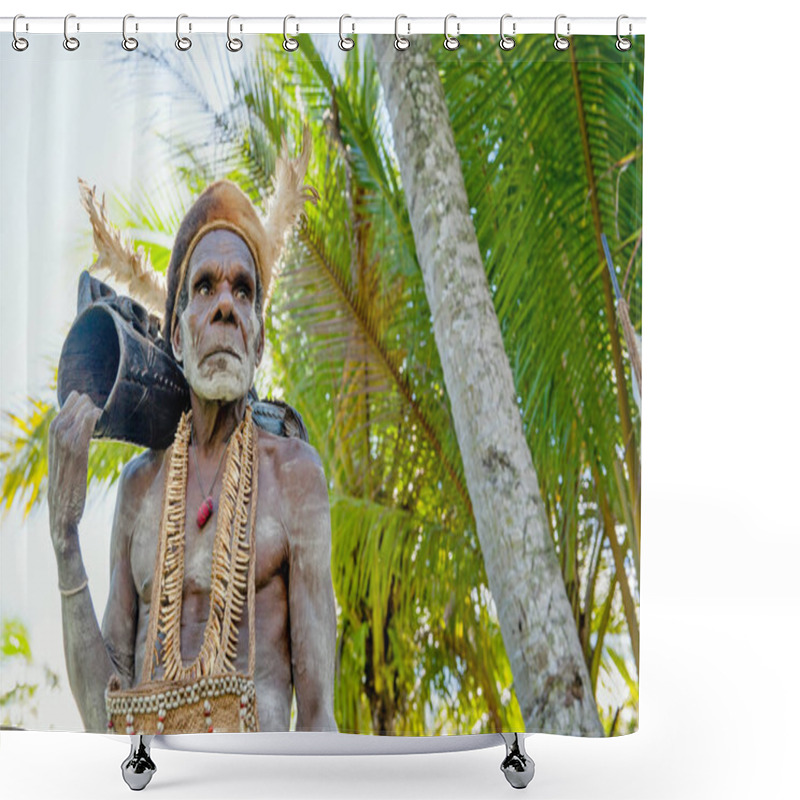 Personality  Leader Of Asmat Tribe With Drum Shower Curtains