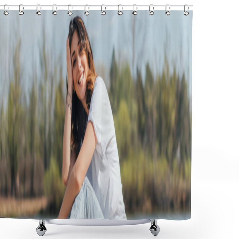 Personality  Horizontal Image Of Cheerful Woman Sitting And Looking At Camera Outside Shower Curtains