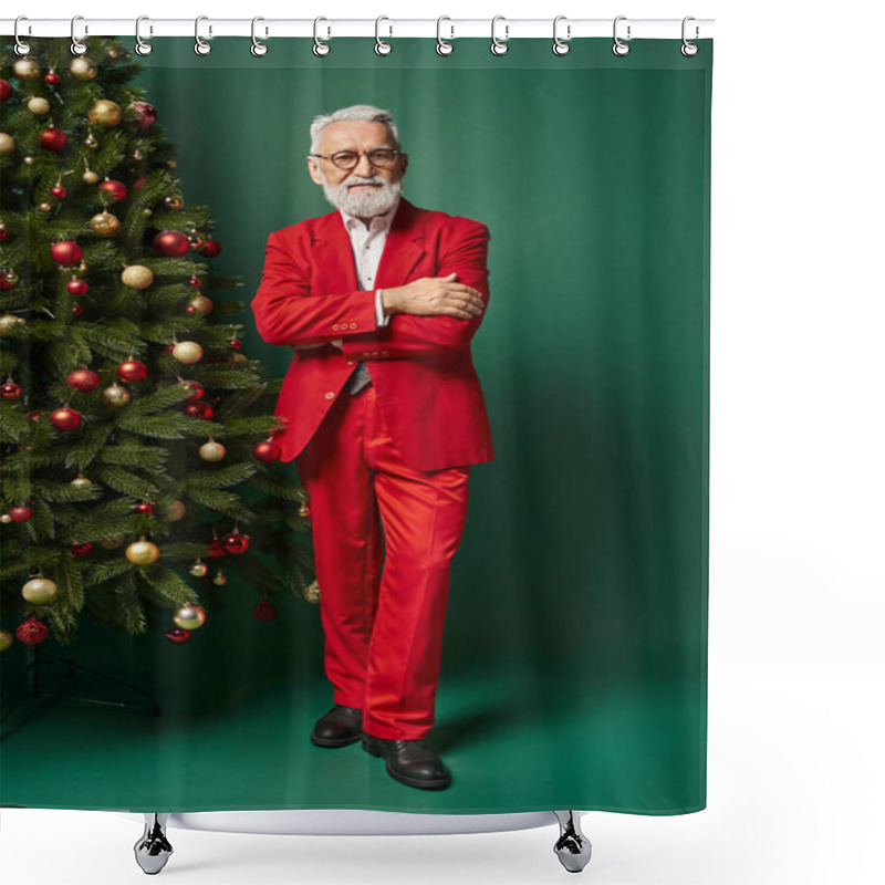 Personality  Handsome Santa With White Beard And Glasses Posing Near Fir Tree With Crossed Arms, Winter Concept Shower Curtains